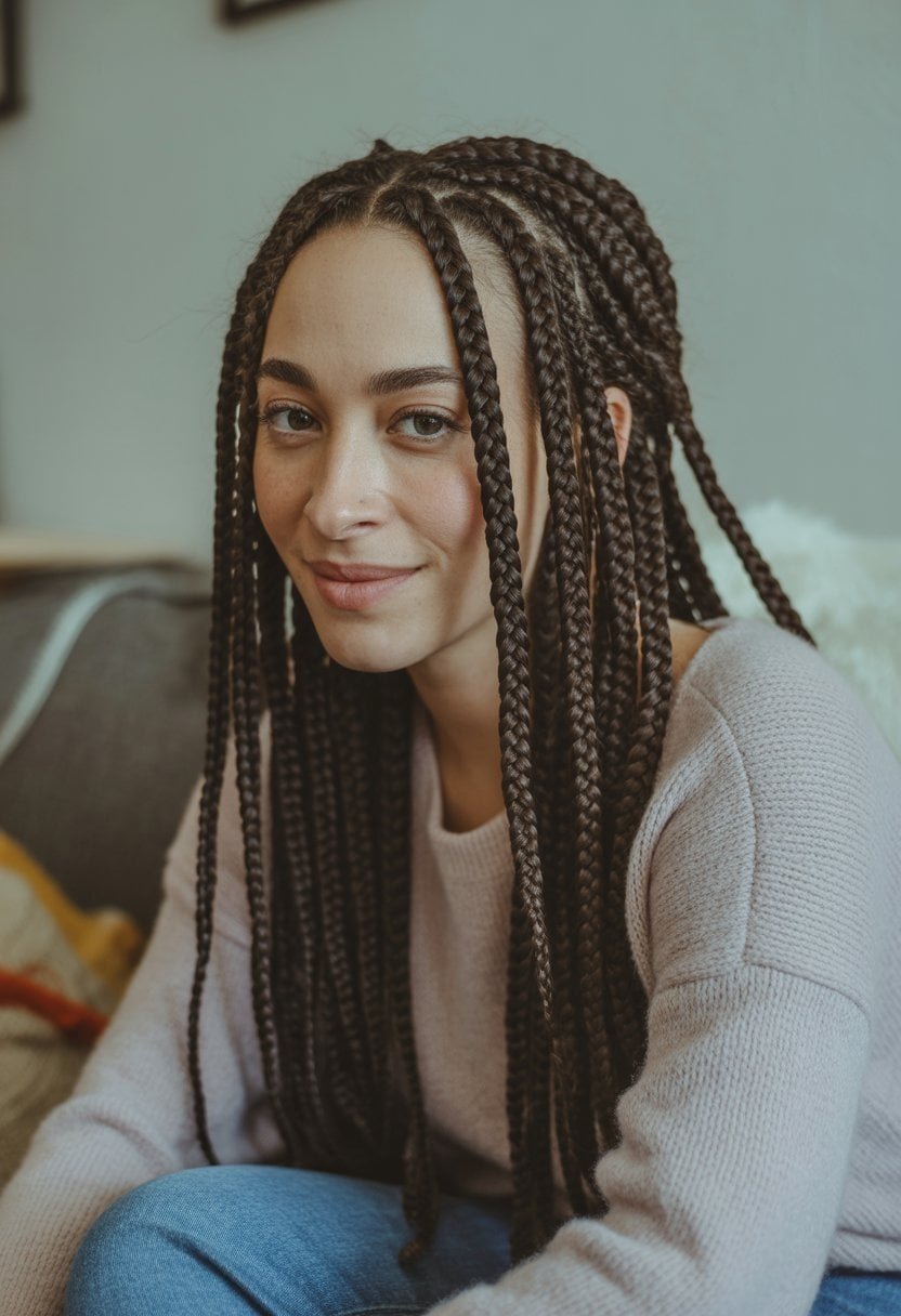 A woman with double braids sitting in a casual setting, smiling softly.