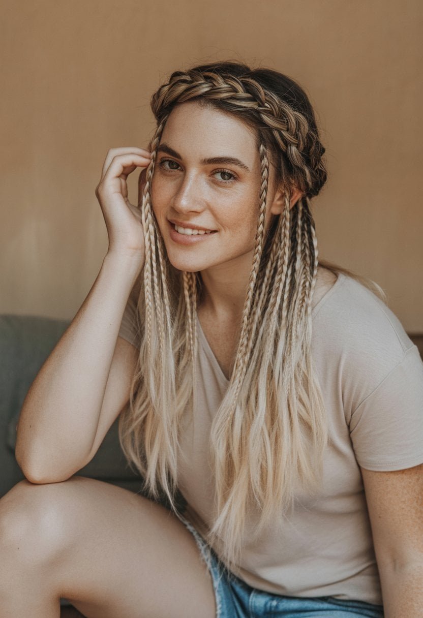 A woman with a braided hairstyle smiling in a casual setting.