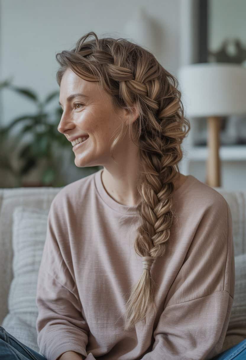 A woman with a fishtail braid sitting in a casual setting with soft lighting and a relaxed expression.