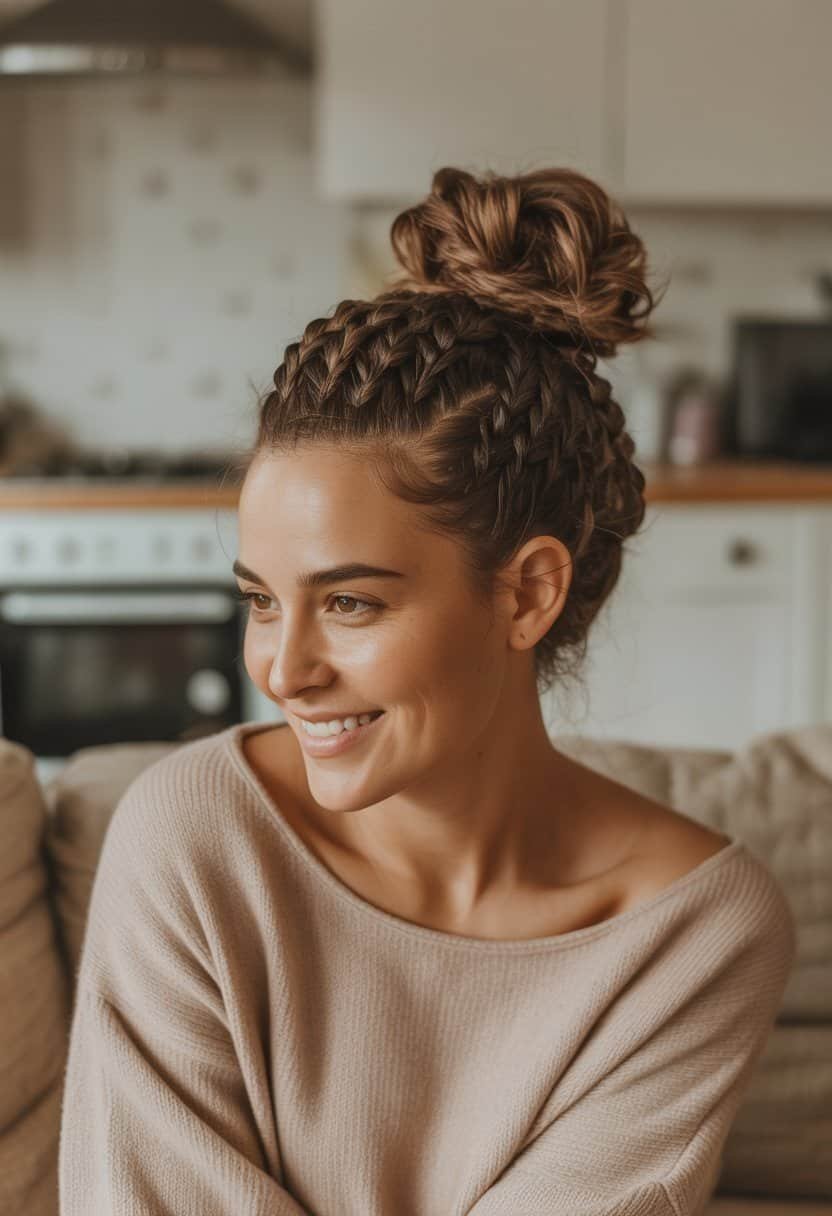 A woman with braided hair styled in a bun, sitting indoors in casual clothes with soft lighting.