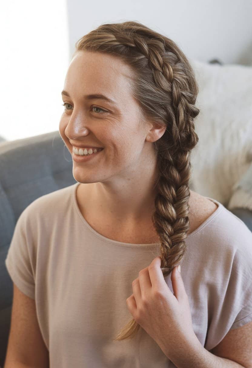 A woman with a side swept braid stands in a softly lit casual setting, wearing simple clothing.