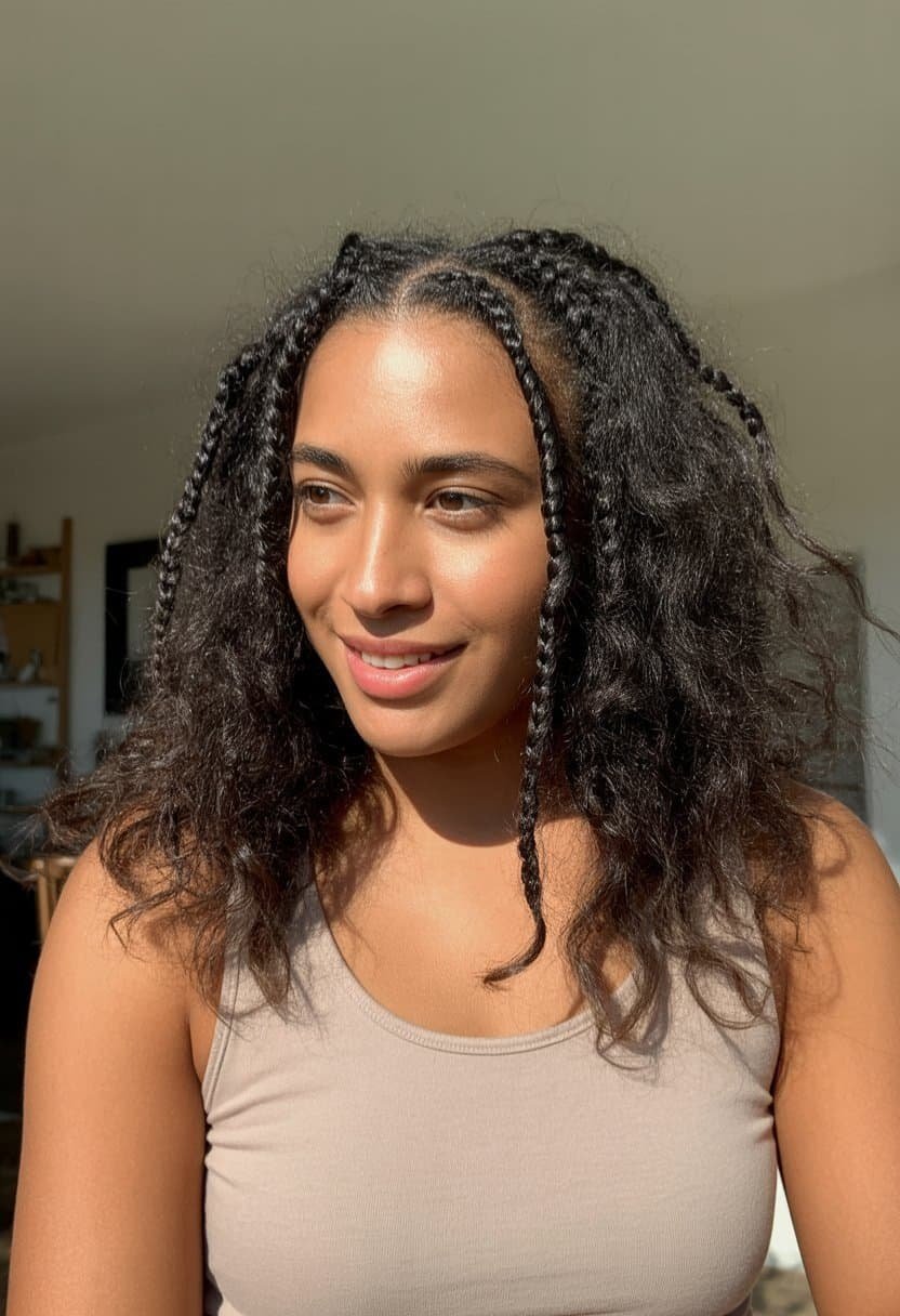 A woman with a Dutch braid waterfall hairstyle in a casual setting, wearing everyday clothes and smiling softly.