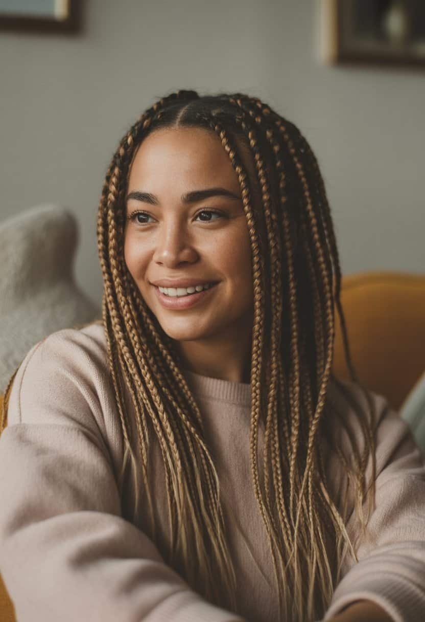 A woman with half-up braids sitting in a relaxed setting with soft lighting and casual clothing.