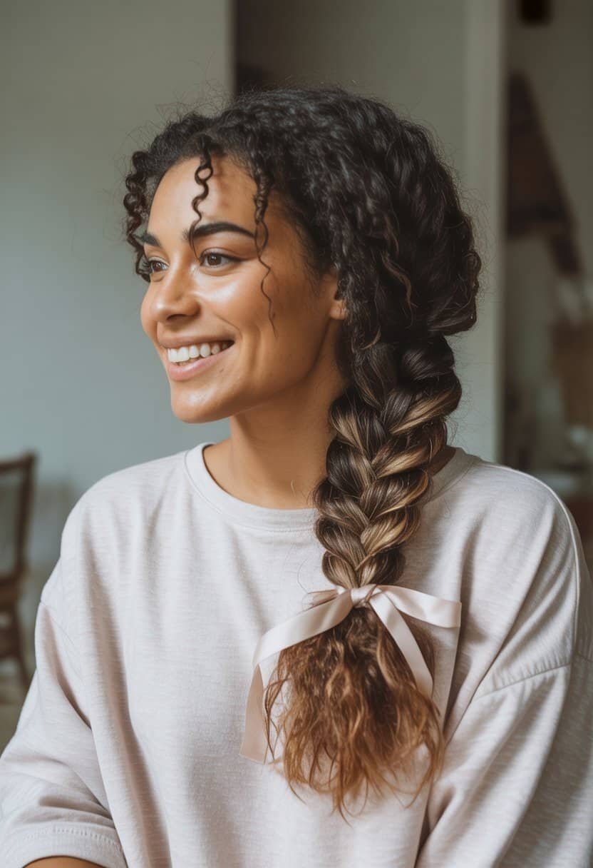 A woman with a Dutch braid and ribbon in her hair, smiling softly in a casual indoor setting.