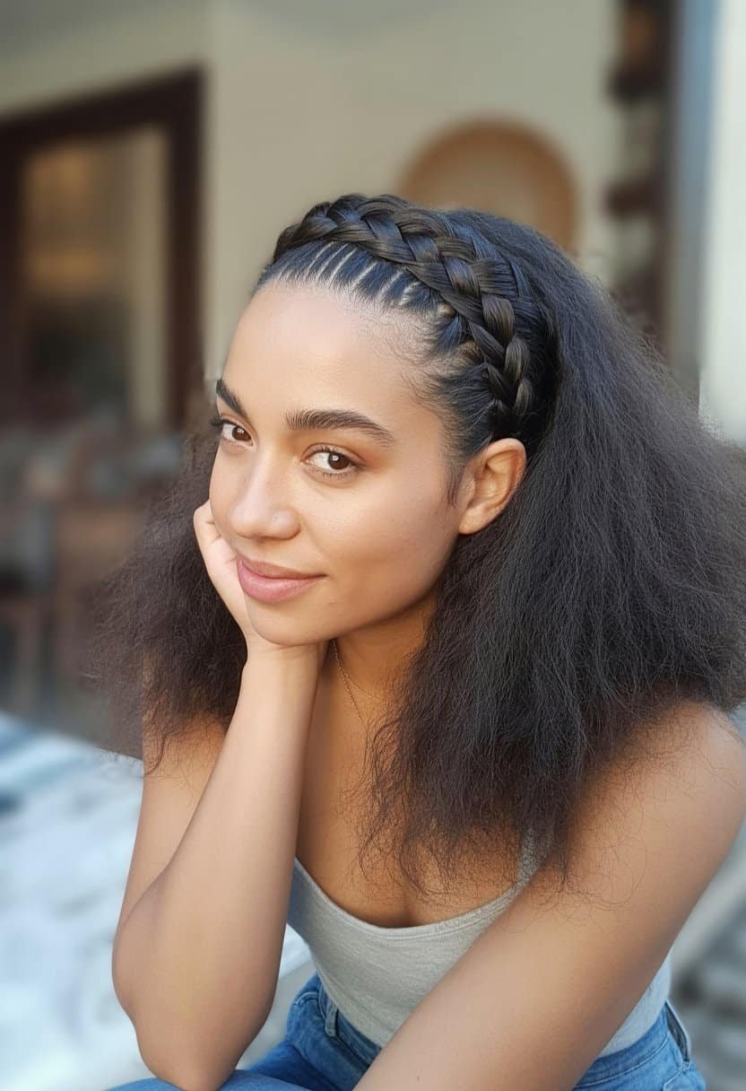 A woman with a Dutch braided headband hairstyle smiling softly in a casual setting.