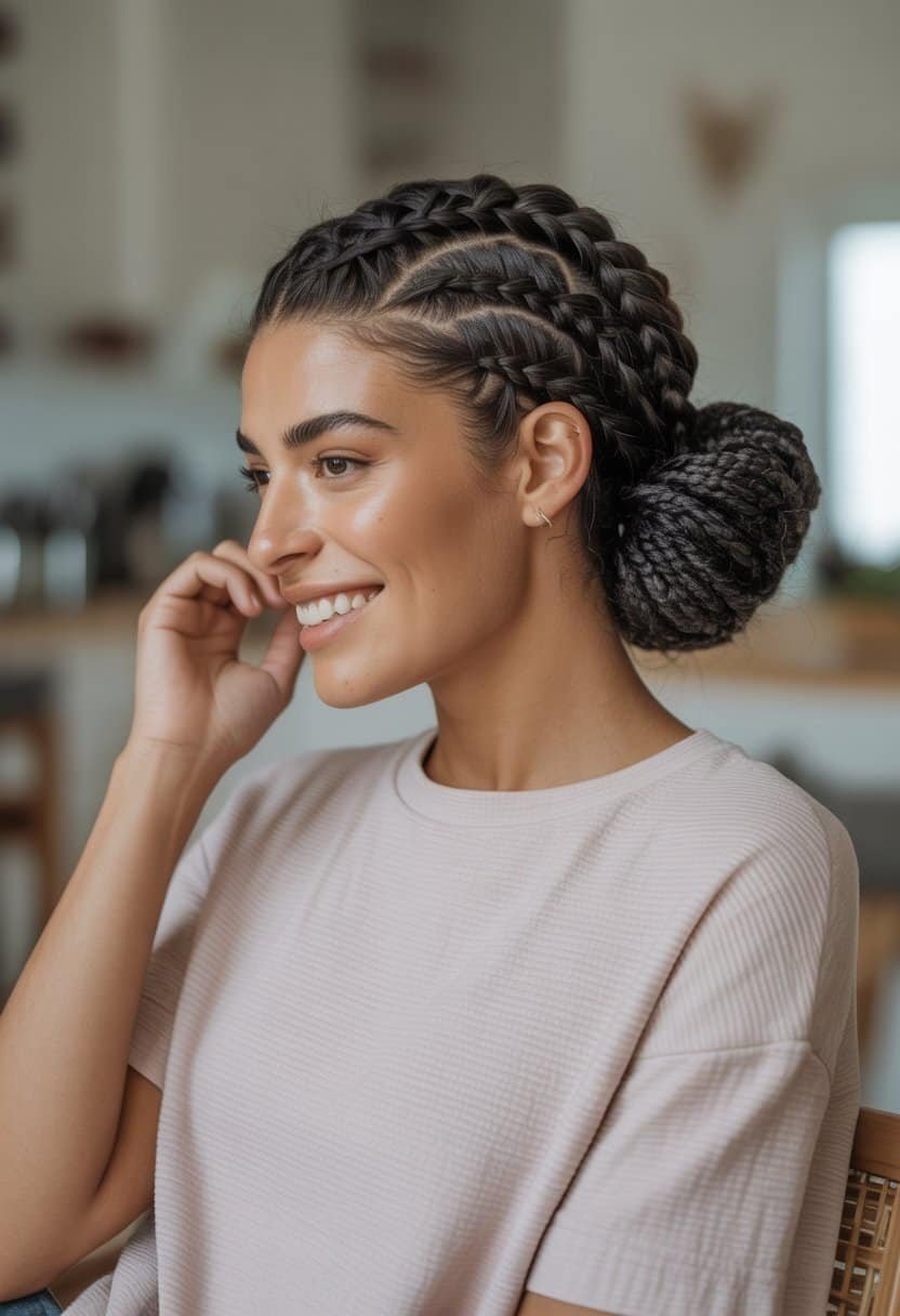 A woman with braided hair styled into a low bun, sitting in a softly lit indoor room wearing casual clothing.