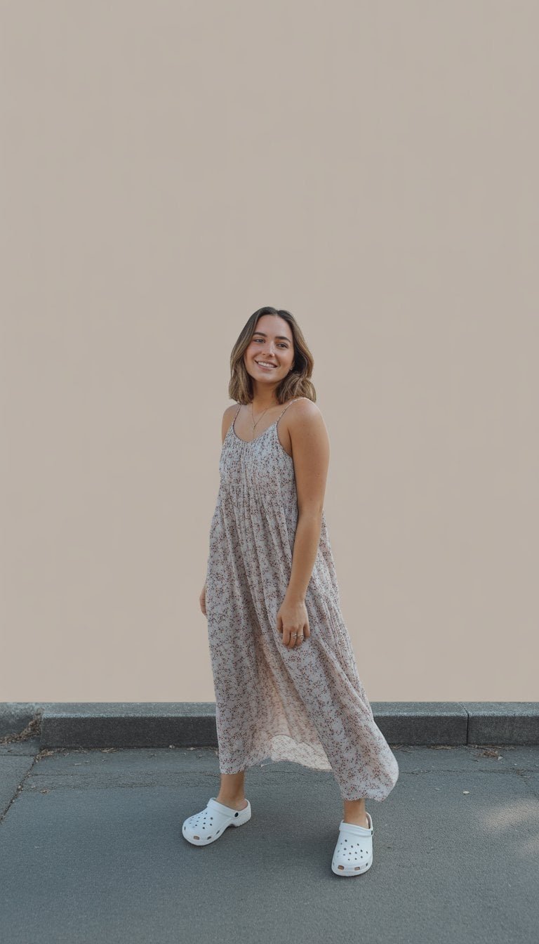 A young woman standing outdoors wearing a floral maxi dress and white Crocs, shown from head to toe.