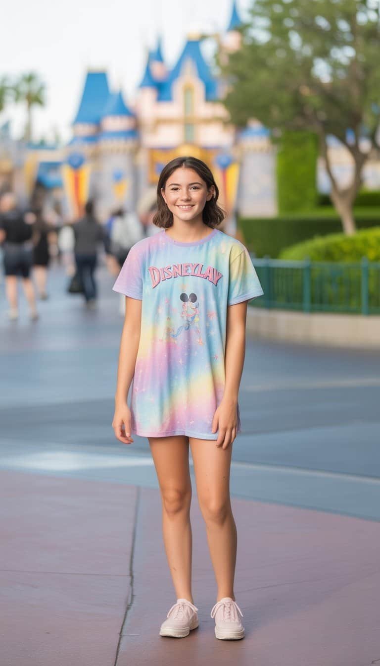 A young woman standing full body outdoors at a theme park entrance, smiling gently with trees and park features in the background.