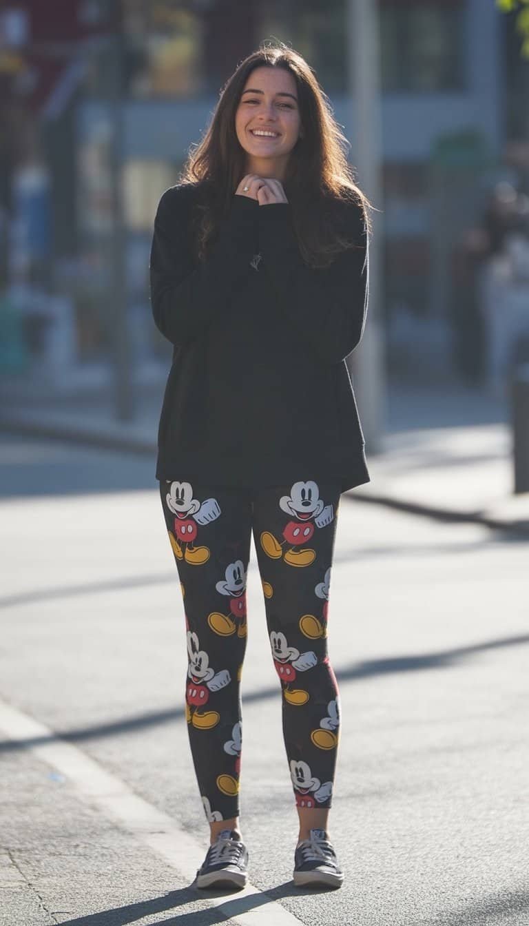 A young woman standing outdoors wearing leggings with Mickey Mouse prints and a casual top, smiling naturally.