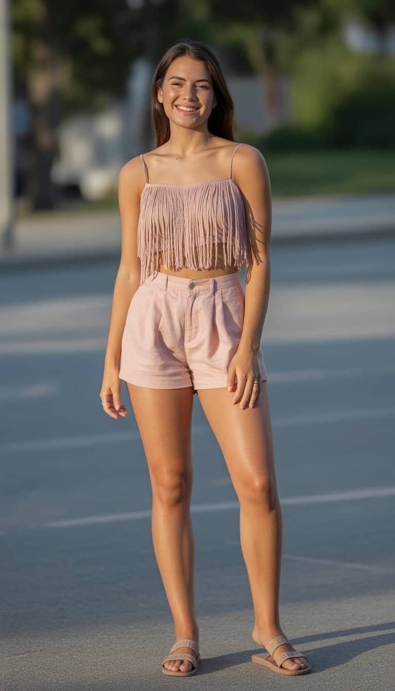 A young woman standing outdoors wearing a crop top and shorts, smiling naturally with a park or street background.