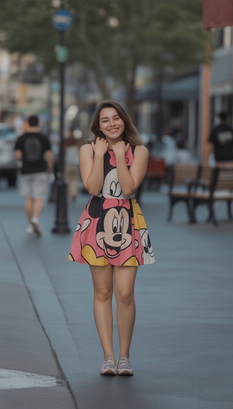 A young woman standing outdoors wearing a colorful Minnie Mouse skirt, photographed full body in a city street setting.