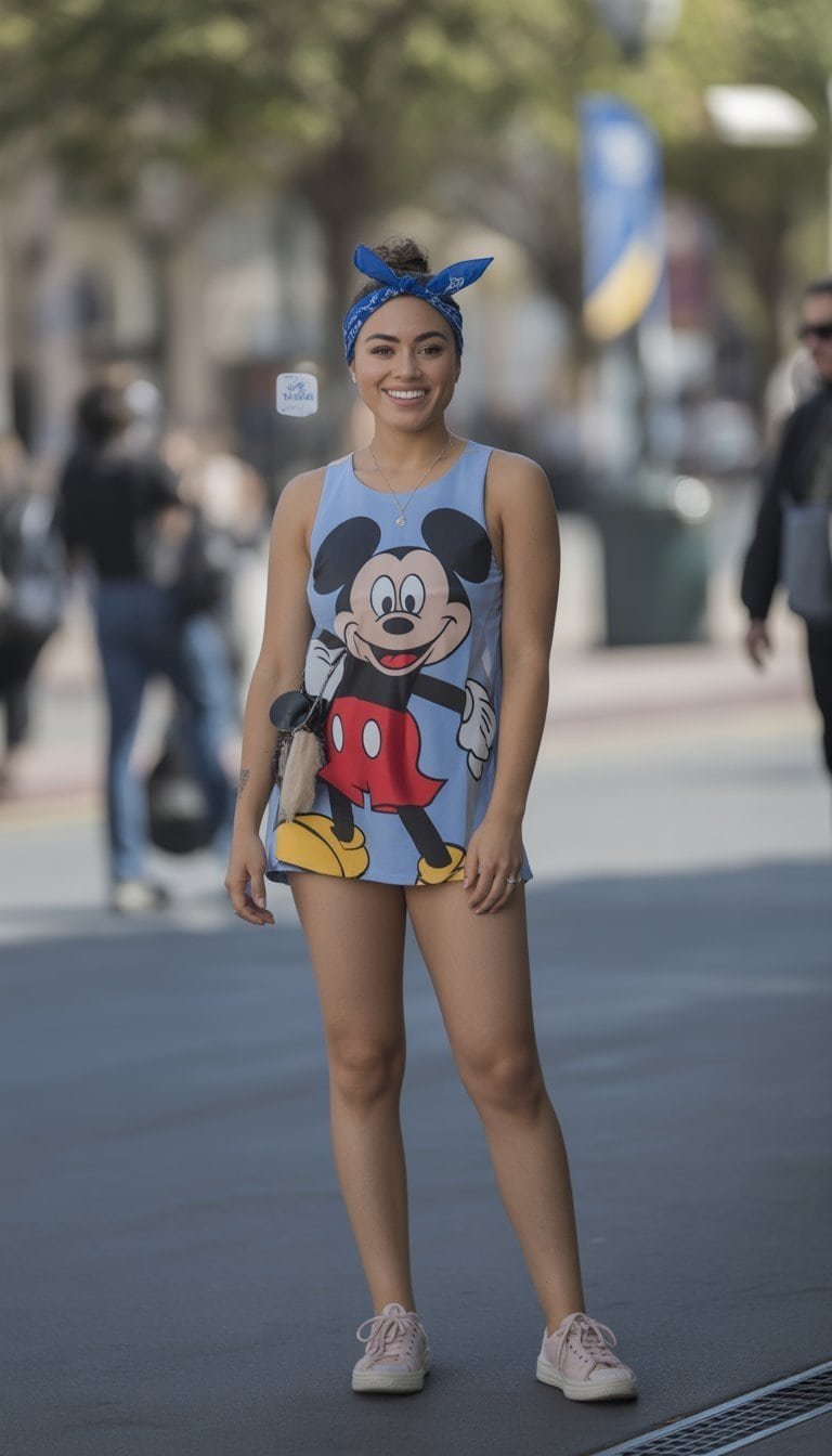 A young woman standing outdoors in a park wearing a Disney character bandana and casual outfit, looking relaxed and confident.