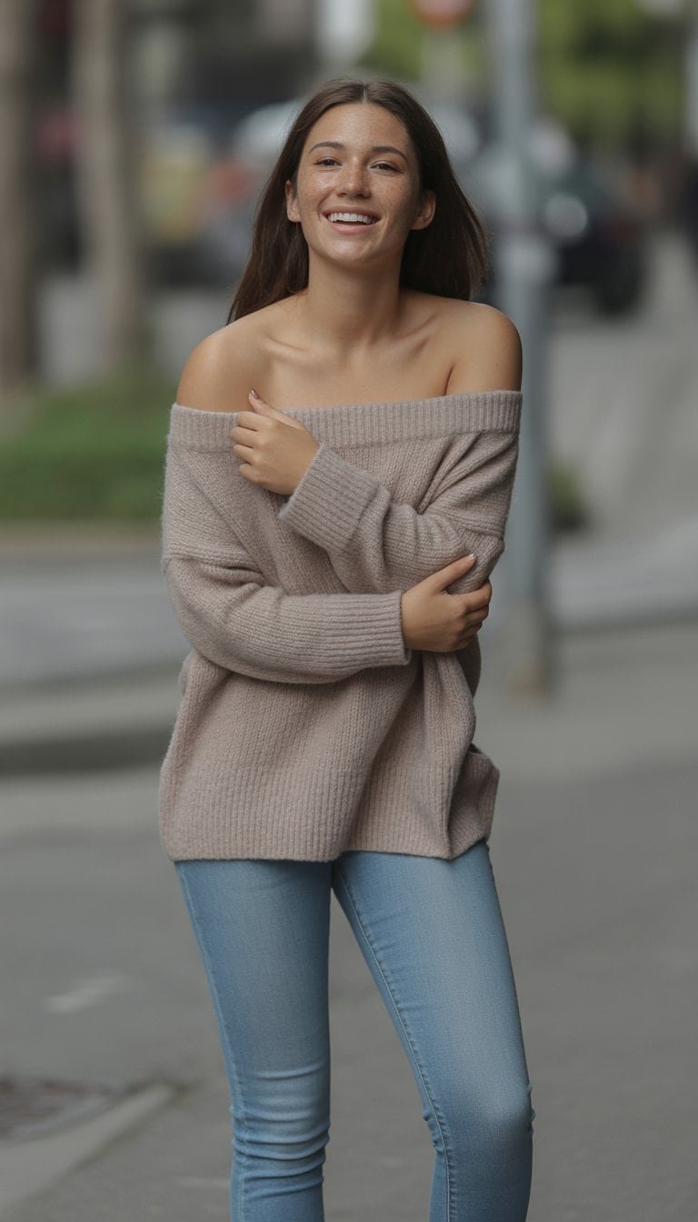 A young woman standing outdoors on a quiet street wearing a knit sweater and jeans, looking relaxed and natural.