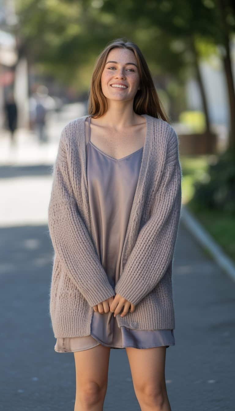A young woman standing outdoors on a street, wearing a cardigan over a dress, looking relaxed and natural.