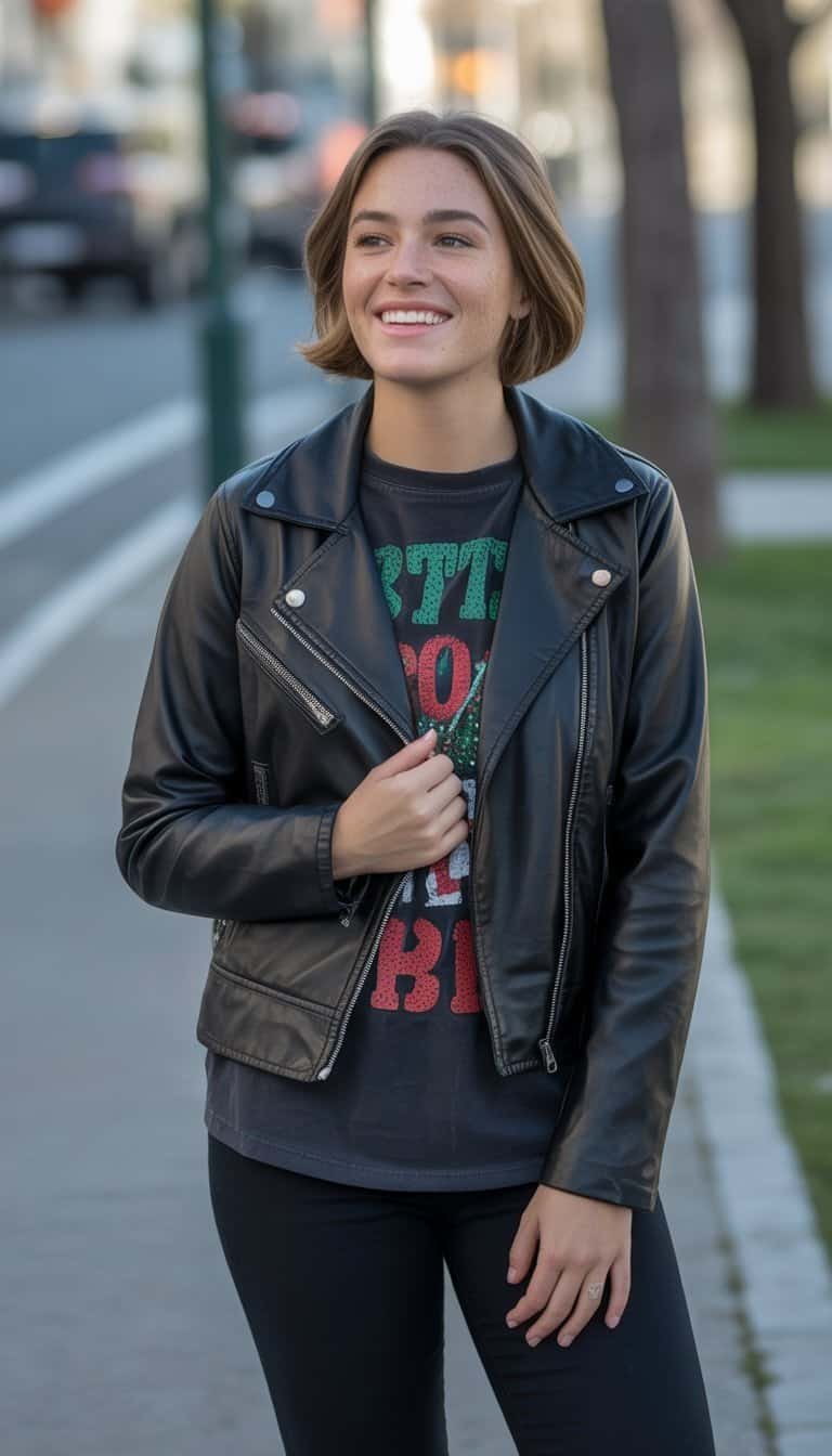 A young woman standing outdoors on a city street, wearing a black jacket and festive shirt, looking relaxed and natural.