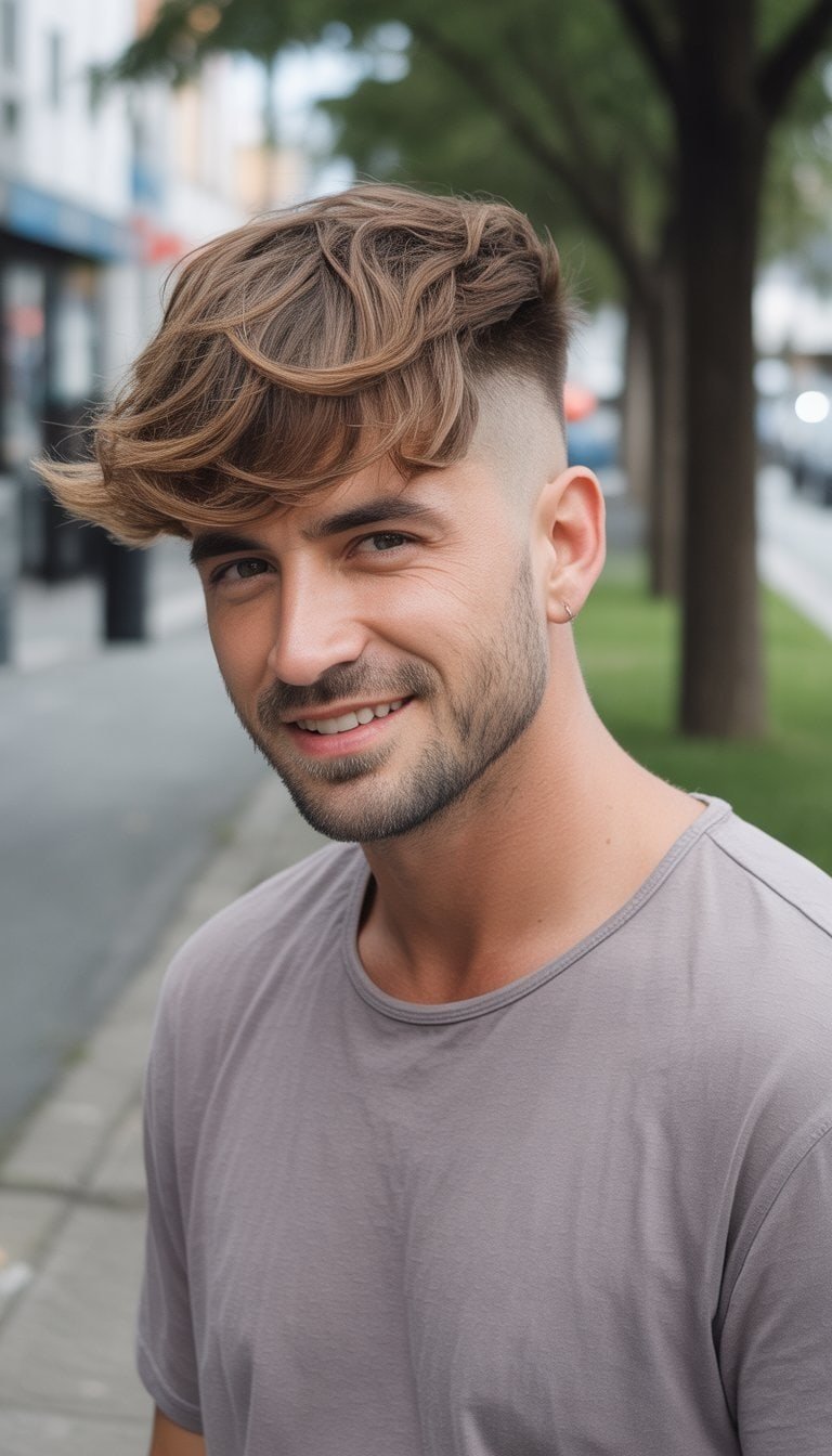 A man with a faded mullet hairstyle wearing casual clothes, standing in a simple everyday setting with soft lighting.