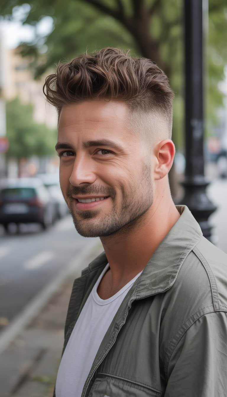 A man with a tapered fade mullet hairstyle standing outdoors in casual clothing with soft natural light.