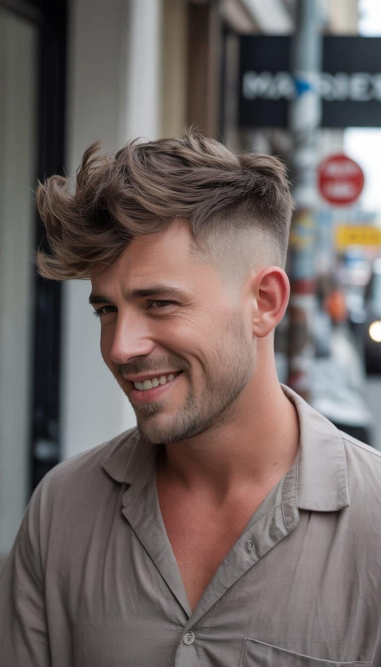 A man with a high skin fade mullet hairstyle standing in a casual setting wearing everyday clothes.