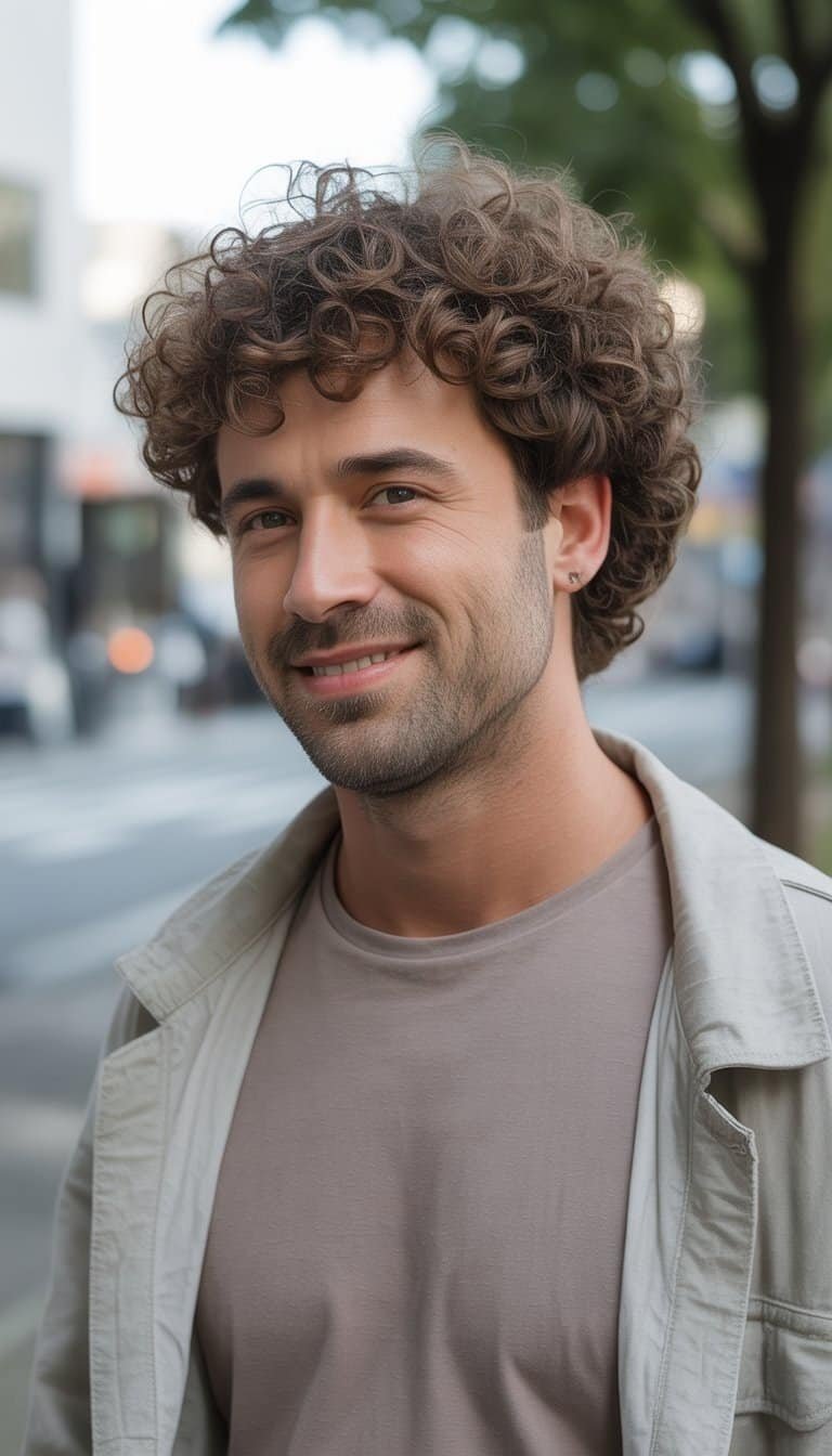A man standing outdoors in casual clothing with curly hair, smiling softly against a simple background.