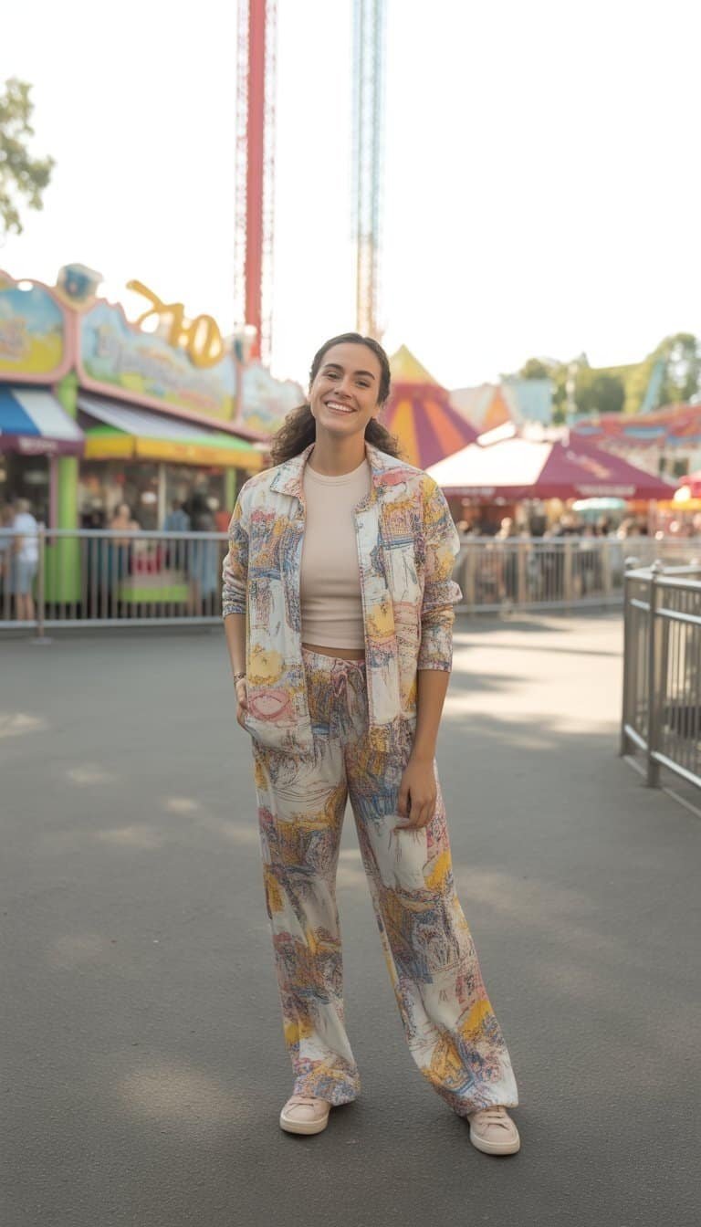 A young woman standing at an amusement park with rides and colorful attractions in the background.