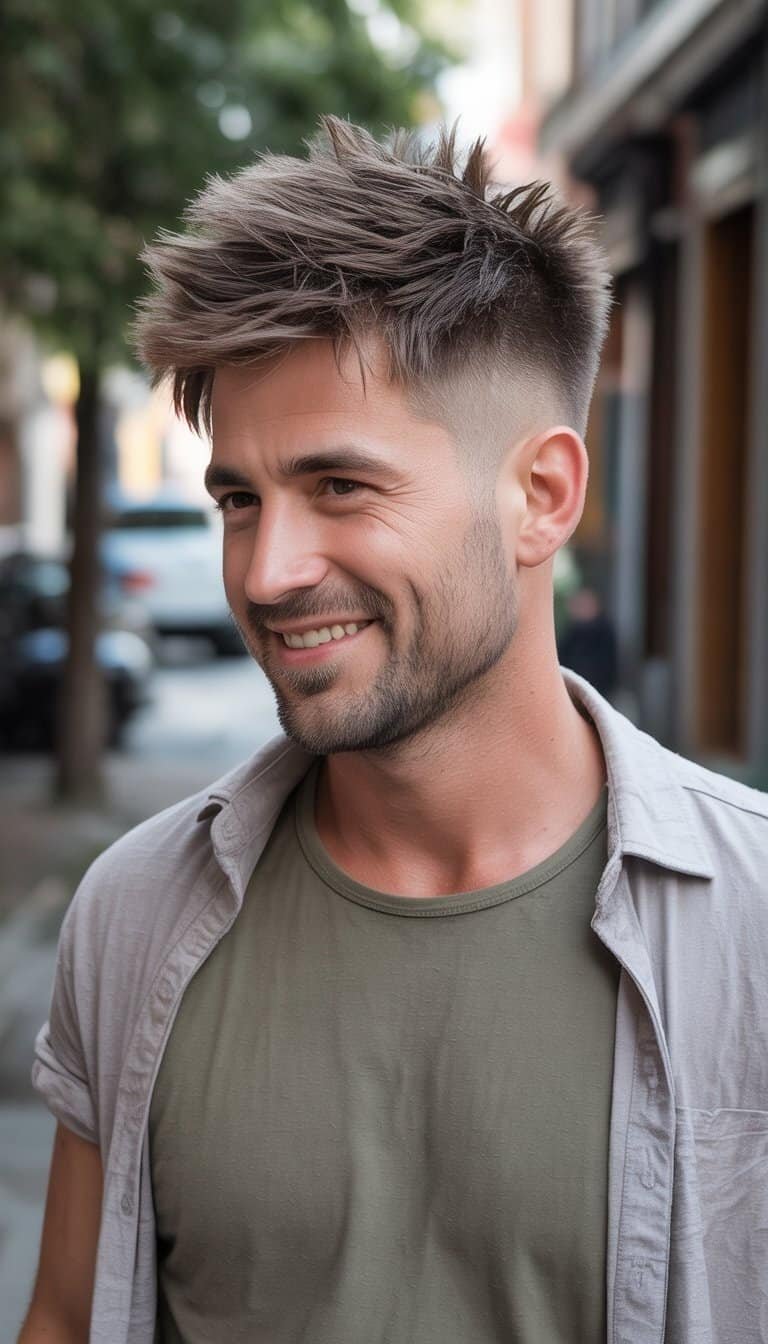 A man with a spiky hairstyle stands casually in a simple indoor or outdoor setting, wearing casual clothes and looking relaxed.