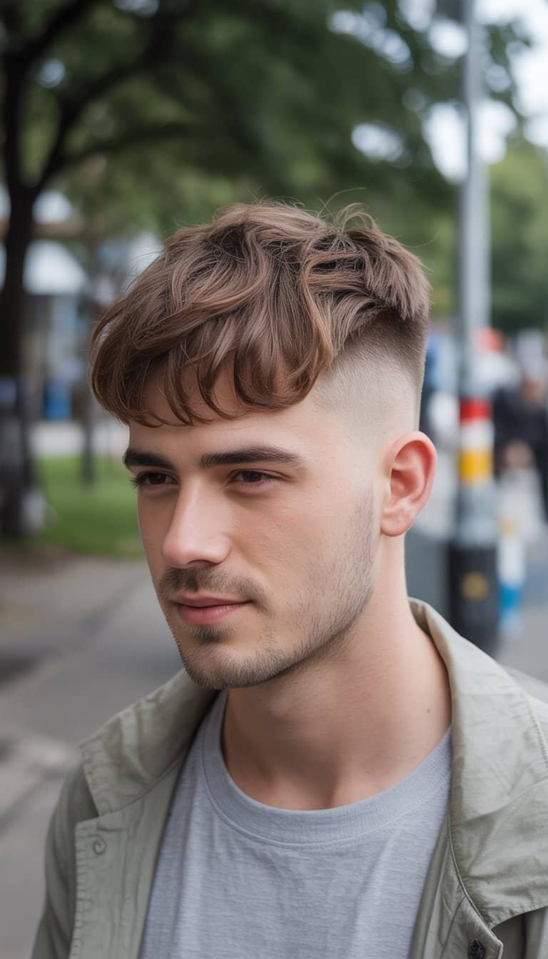 A young man standing outdoors in casual clothing, looking relaxed with a modern hairstyle.