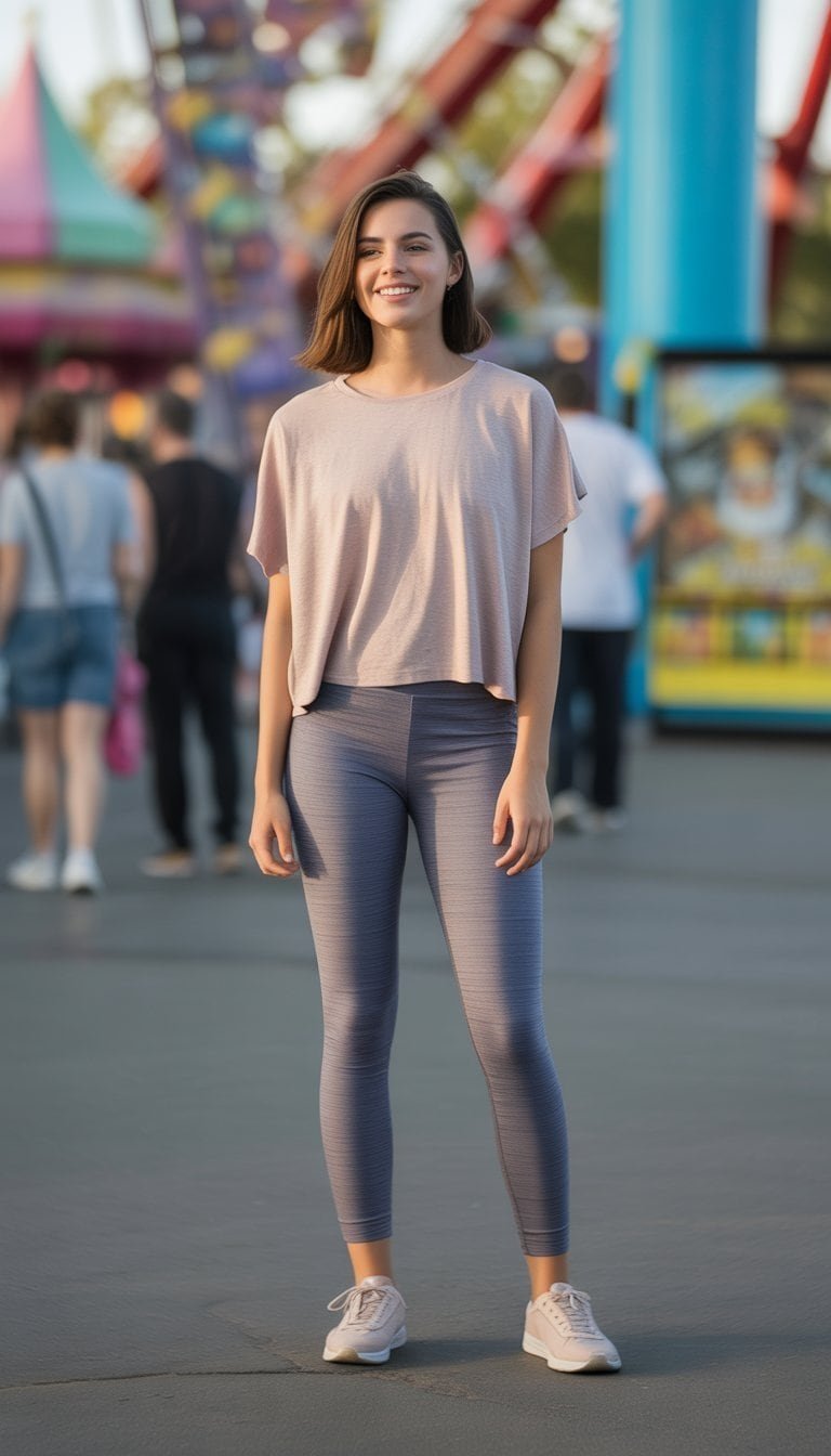A young woman standing full body at an amusement park, wearing athletic leggings and a casual top, with rides and people in the background.