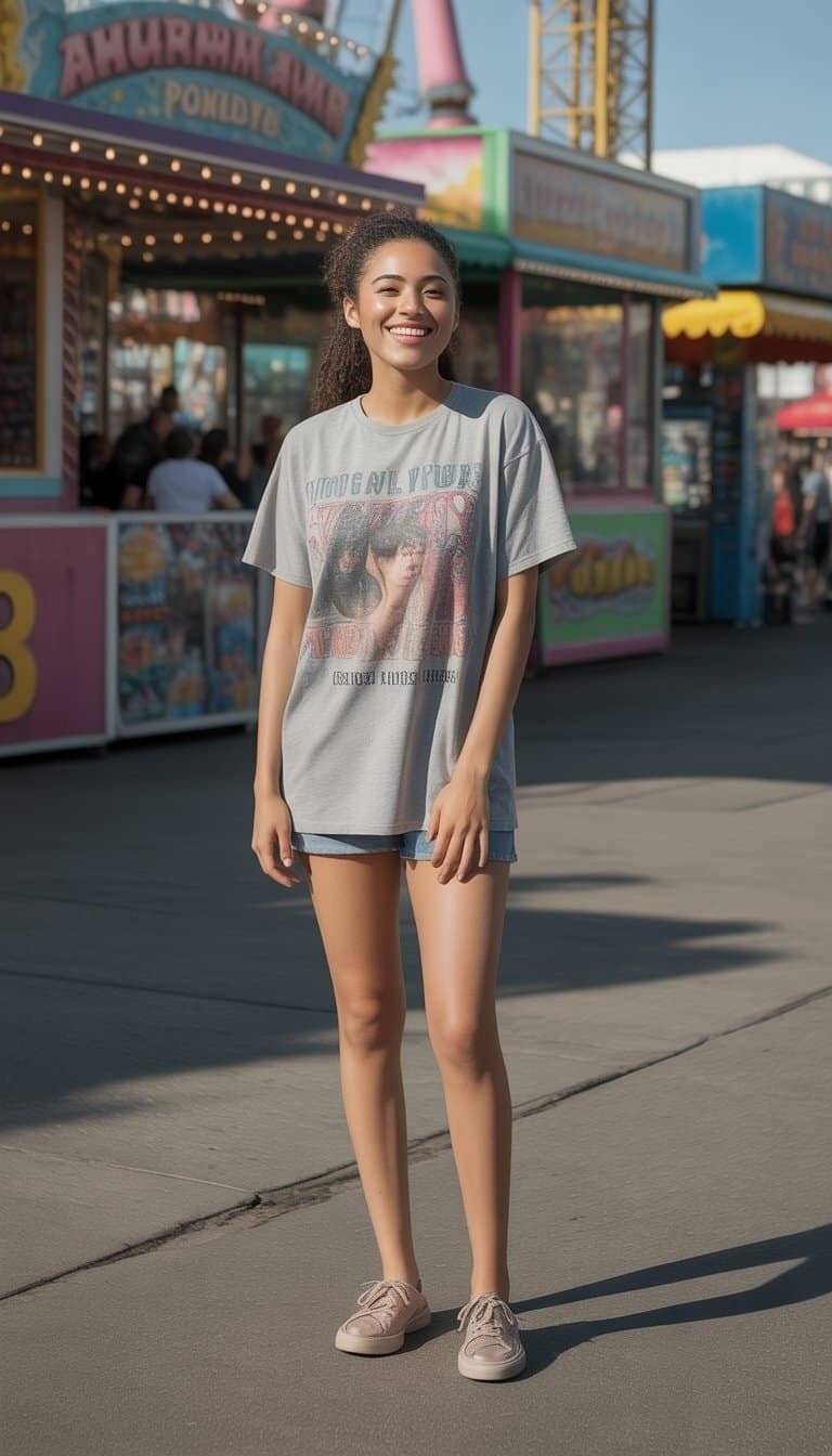 A young woman standing full body at an amusement park with rides and booths in the background.