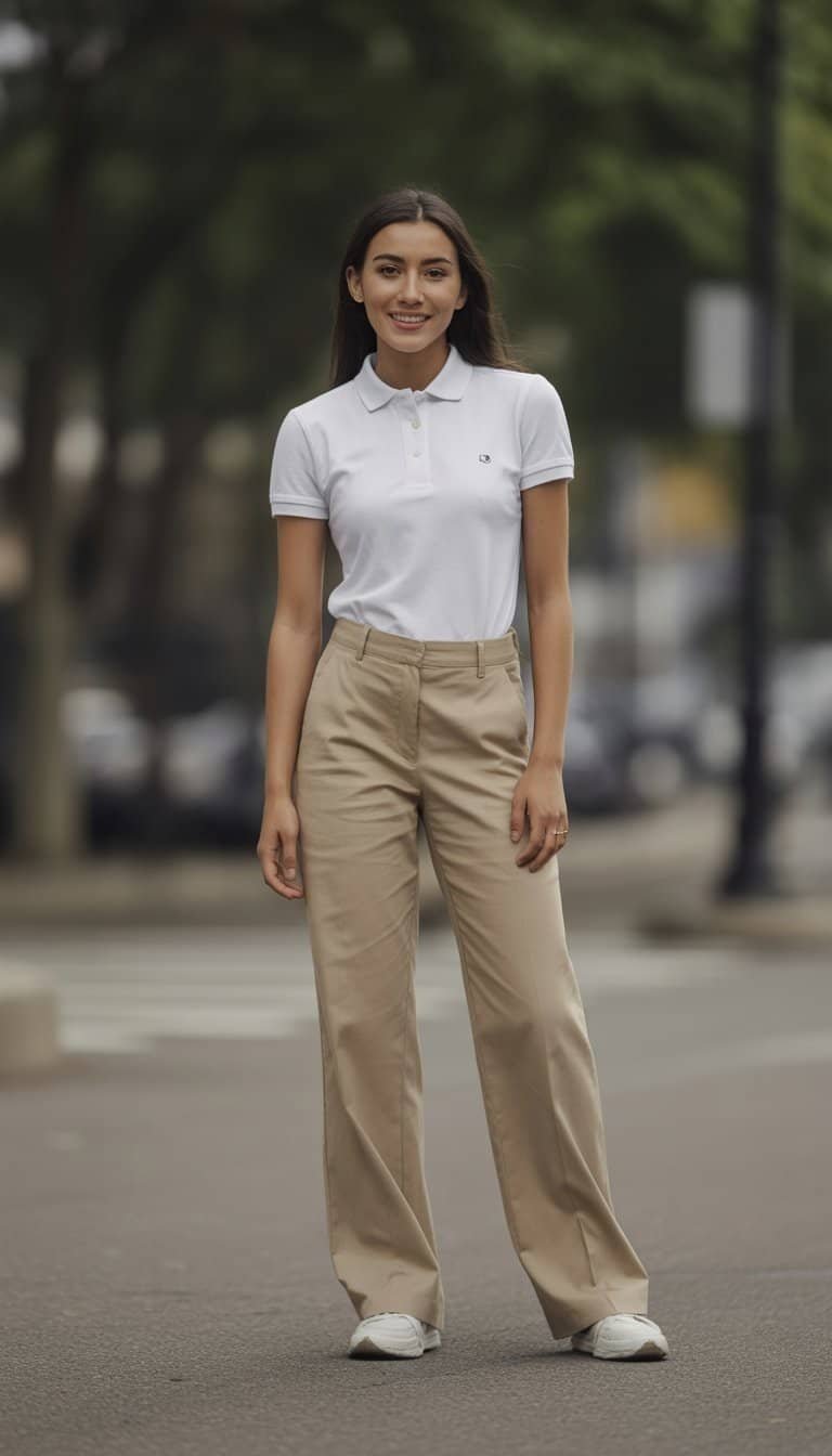 A young woman stands outdoors in a park, wearing a white polo shirt and khaki trousers, looking relaxed and smiling.