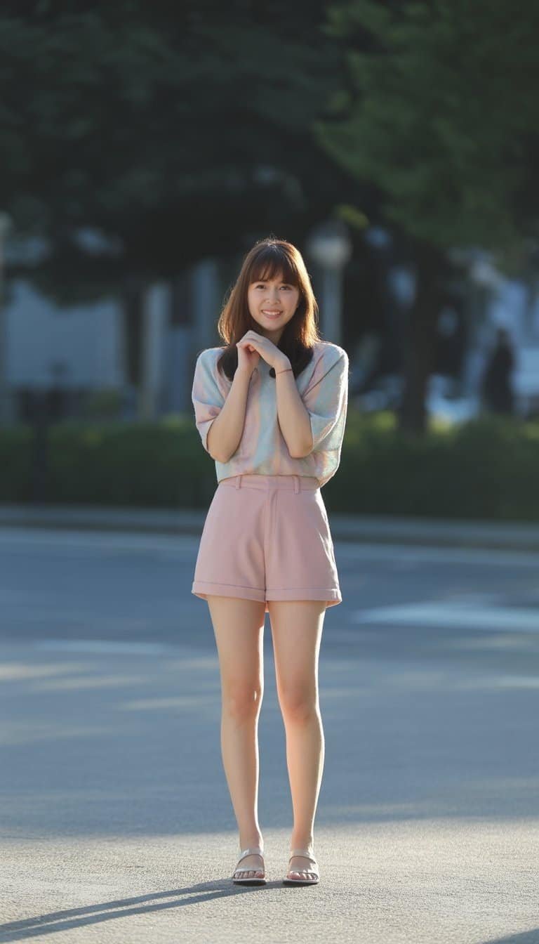 A young woman standing outdoors on a quiet street, wearing a blouse and shorts, looking relaxed and smiling gently.