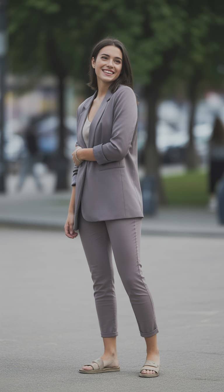 A young woman standing outdoors, wearing a blazer and pants, smiling naturally in a casual setting.
