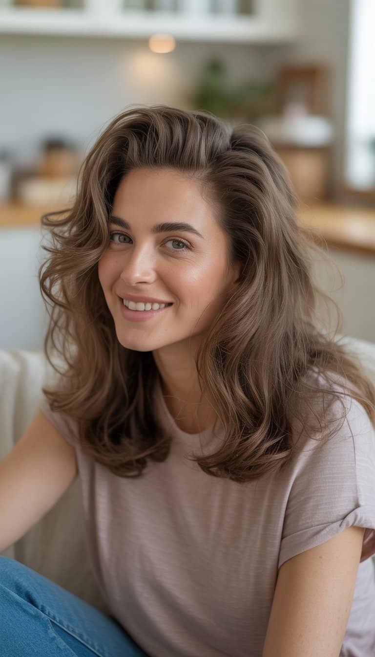 A woman with voluminous hair smiling softly in a cozy indoor setting, wearing casual clothes.