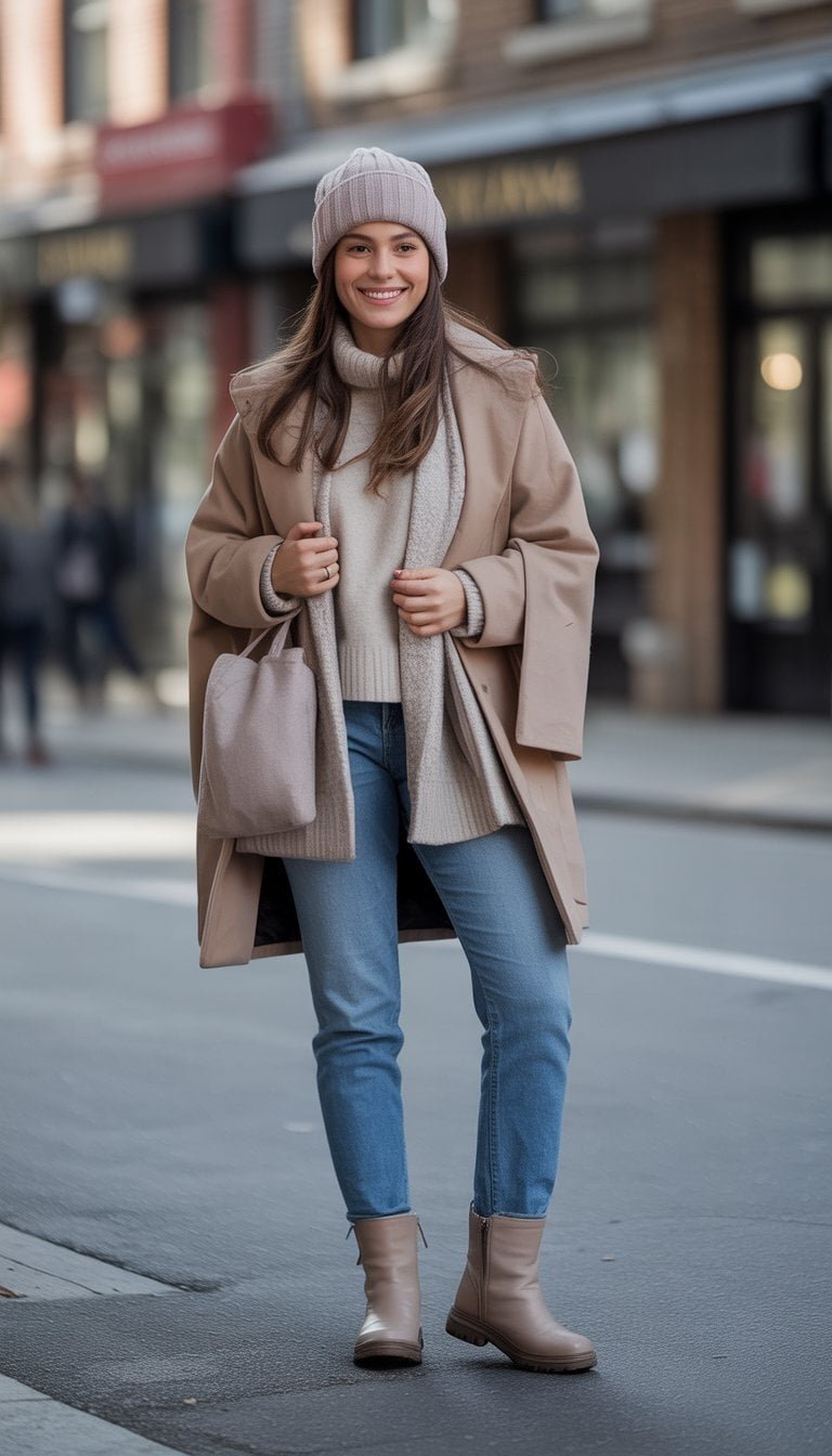 A young woman standing outdoors in winter clothing, smiling naturally in a casual setting.