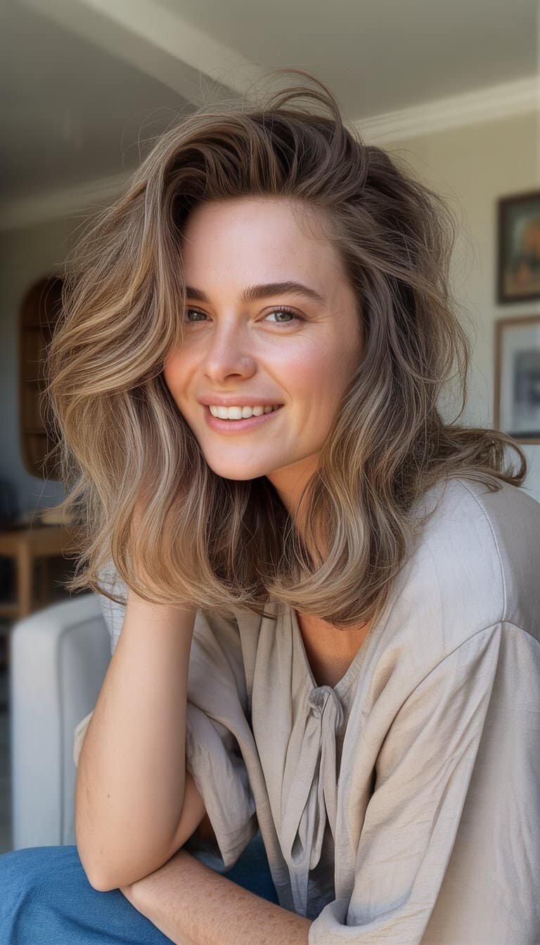 A woman with wavy hair wearing casual clothes, smiling softly in a softly lit, everyday indoor setting.