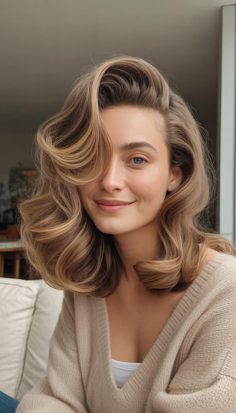 A woman with voluminous side-swept waves smiling softly in a casual indoor setting with natural lighting.