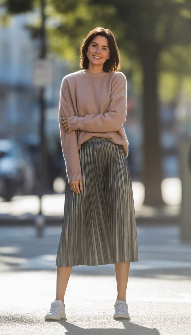 A young woman standing outdoors on a city street, wearing a skirt and sweater, looking relaxed and natural.
