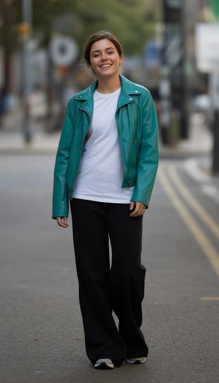 A young woman standing outdoors on a city street, wearing a teal jacket and white shirt, smiling naturally.