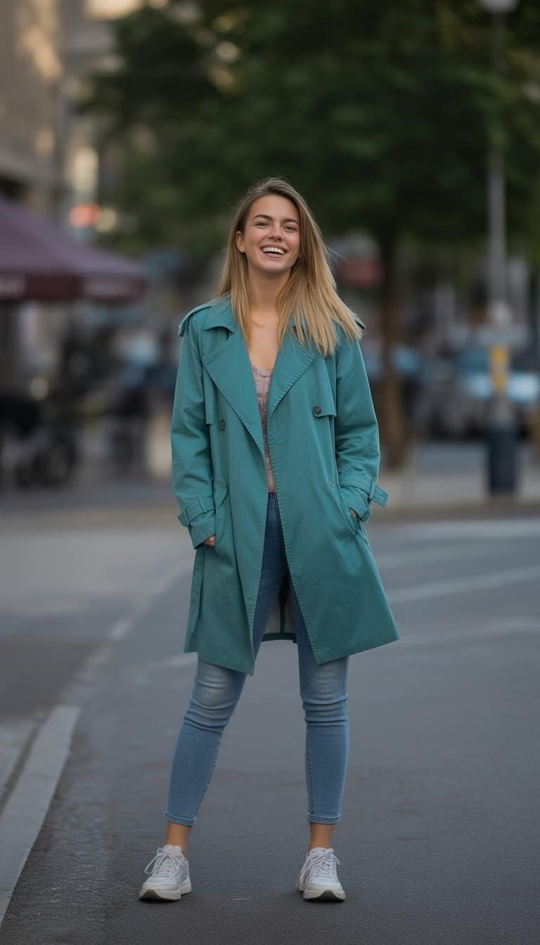 A young woman standing outdoors on a city street, wearing a teal trench coat and skinny jeans.