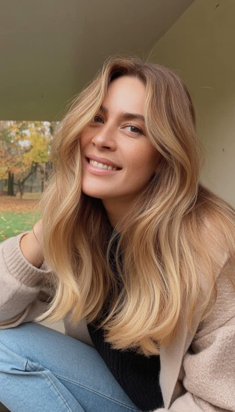 A woman with butterscotch blonde balayage hair wearing casual clothing, smiling softly in a natural outdoor fall setting.