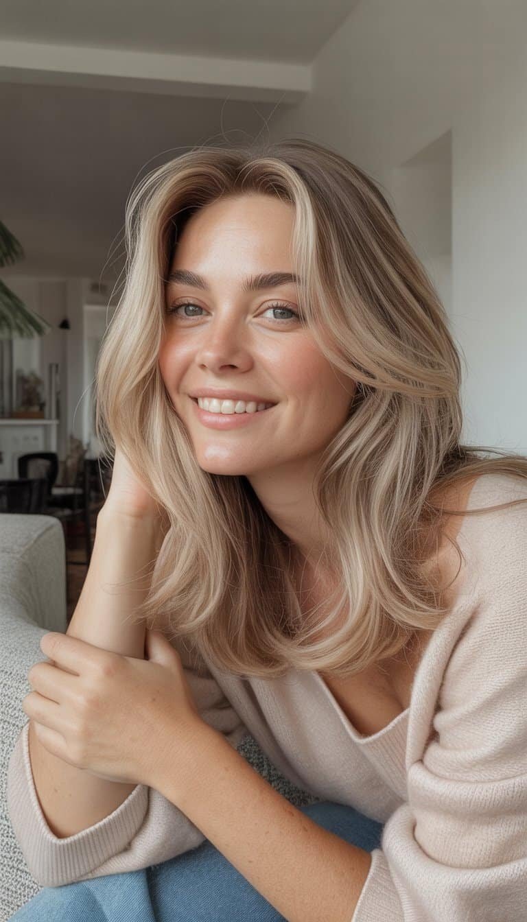 A woman with soft ash blonde hair smiling naturally in a casual indoor setting with soft lighting.