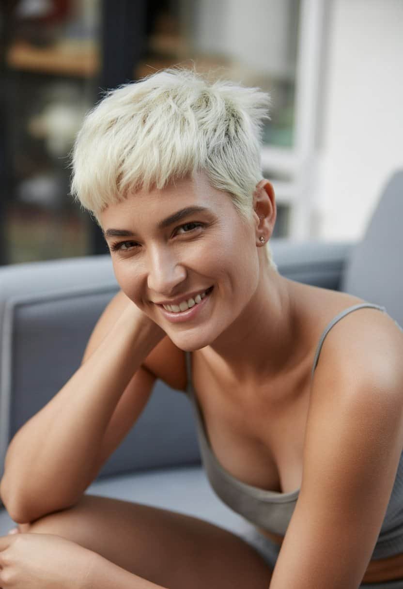 A woman with platinum blonde hair stands in a casual indoor setting, wearing everyday clothes and smiling naturally.