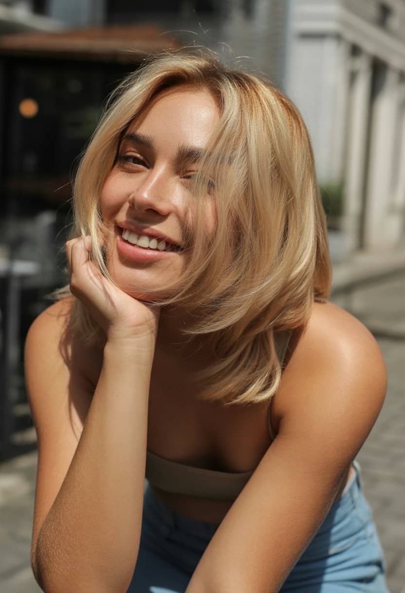 A woman with golden blonde hair and subtle highlights stands casually in a simple indoor setting, smiling gently.