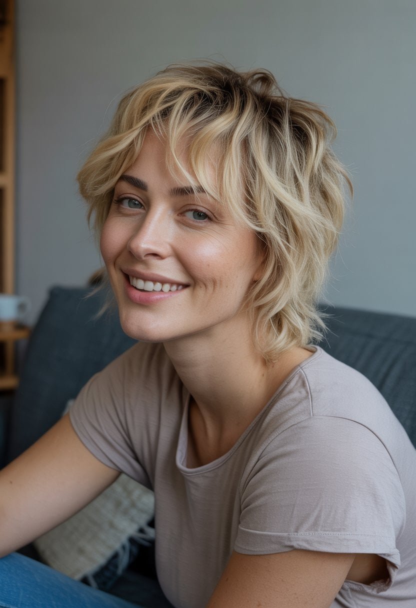 A woman with messy blonde hair stands in a casual setting, smiling naturally with soft lighting and a simple background.