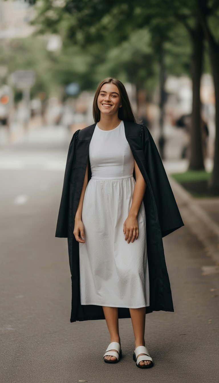 A young woman standing outdoors in a white midi dress under a graduation gown, smiling and looking at the camera.