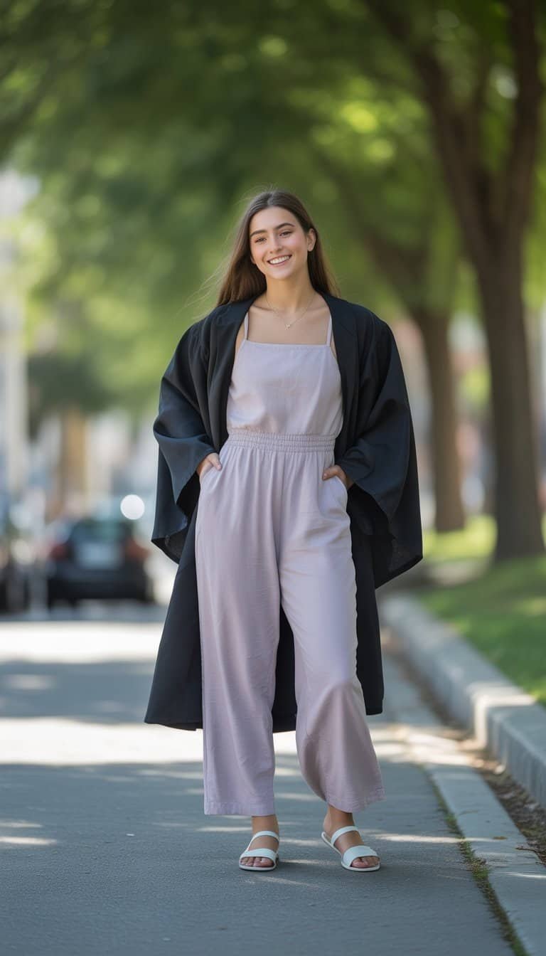 A young woman stands outdoors wearing a pastel jumpsuit under a graduation gown, captured in a full-body photo with a natural expression.