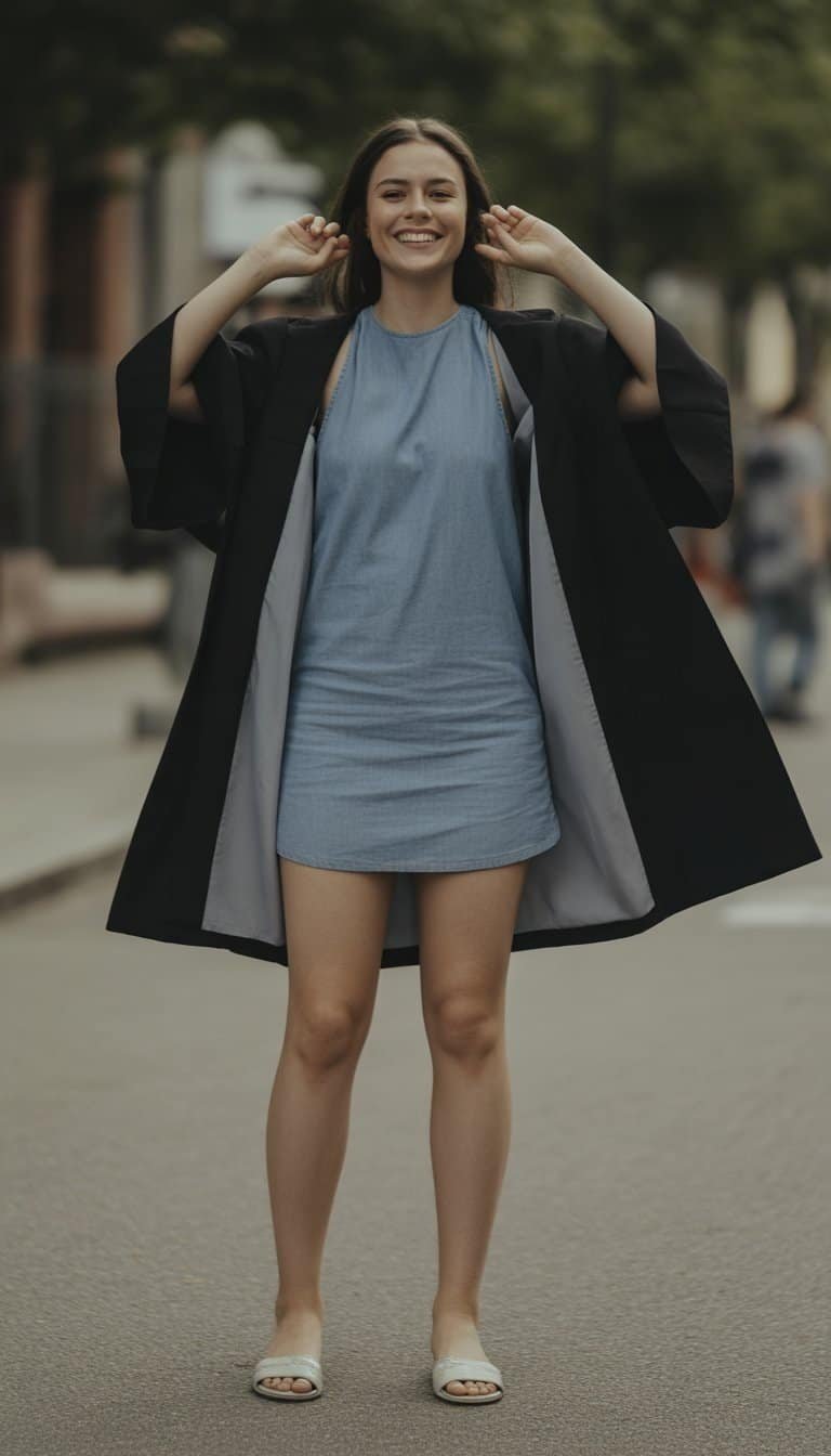 A young woman standing outdoors wearing a graduation gown over a chambray dress, smiling naturally with a park or street background.