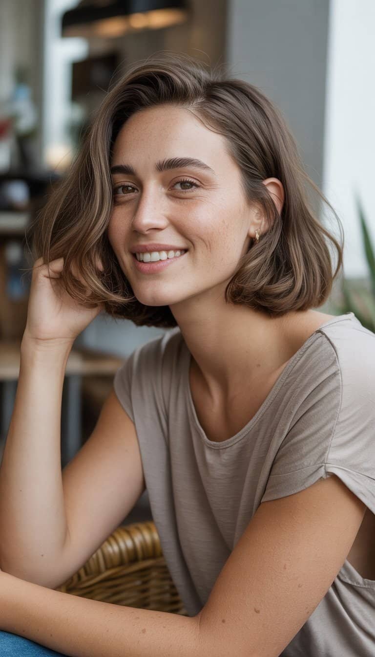 A young woman with a bob haircut sitting casually in a relaxed indoor setting, smiling softly.