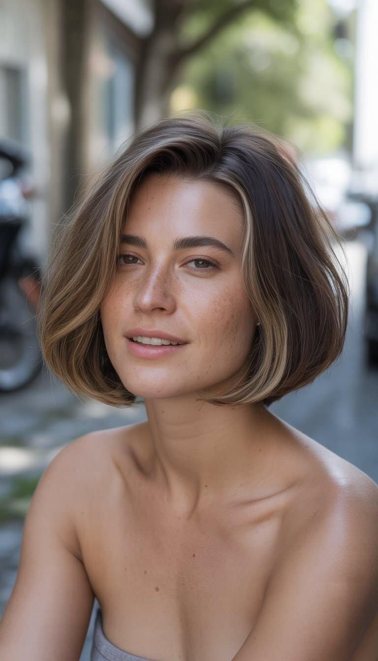 A woman with an asymmetrical bob haircut stands casually in a softly lit everyday setting, wearing casual clothes and looking relaxed.