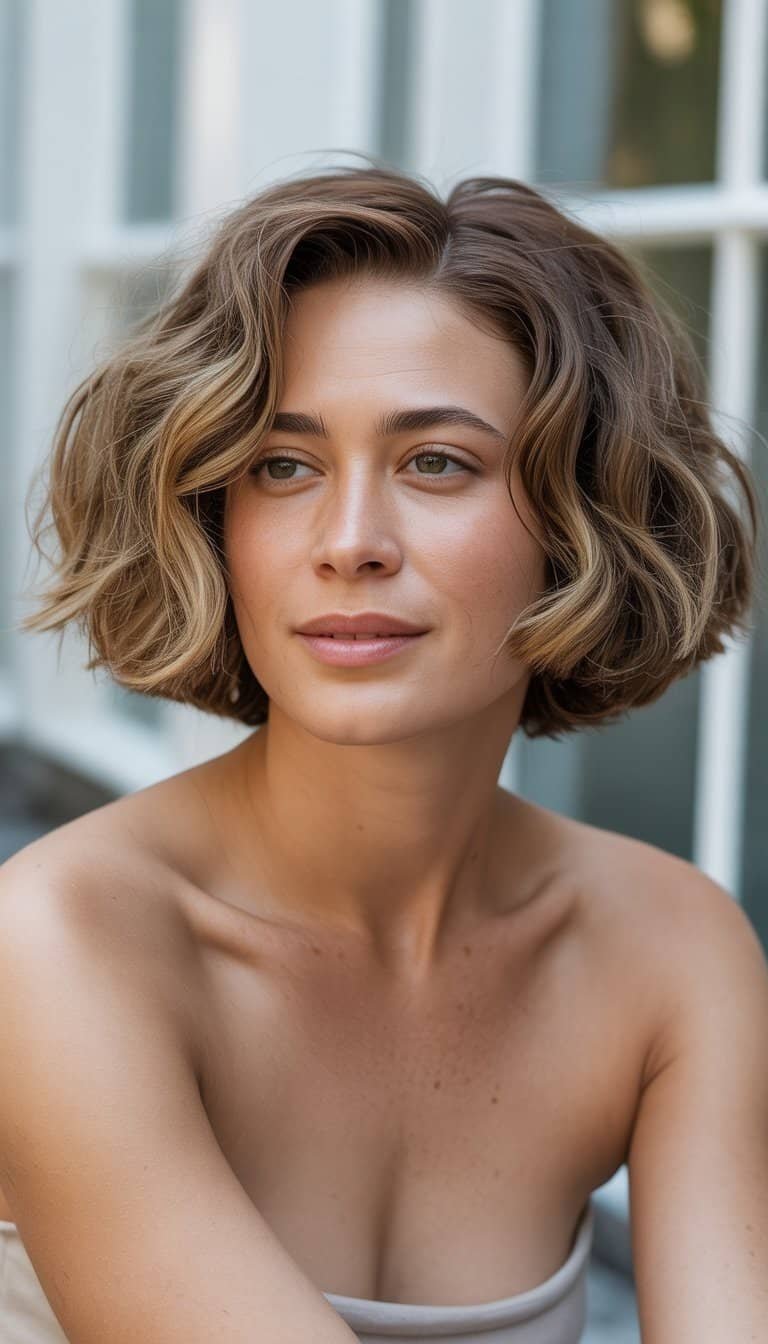 A woman with a wavy bob hairstyle stands in a casual indoor setting, wearing everyday clothes and smiling naturally.