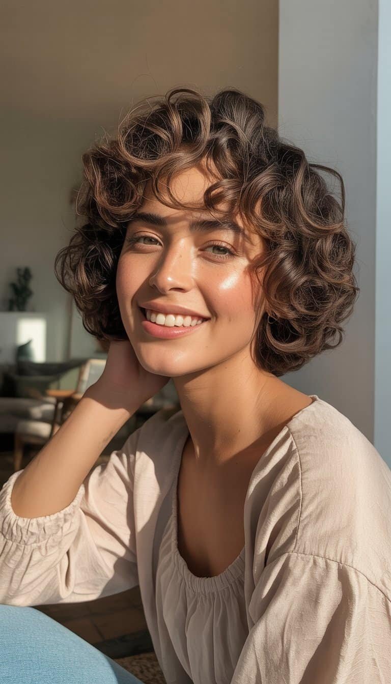 A woman with curly bob hair smiling naturally in a casual indoor setting.